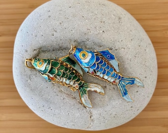 Cloisonné Articulated Fish Enamel Pendant 2 5/8” Long Choose Blue or Green