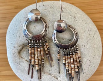 Navajo Sterling Silver Signed Domed-Top Dangle Hoop and Heishi Fringe Jockey Cap Earrings by Alvin and Isaac Carviso, Vintage 1980s to 90s