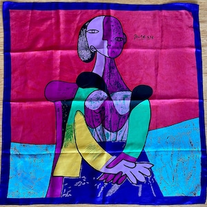 Scarf Picasso Satin Silky Scarf vintage Abstract Seated Woman Art Scarf 1980s Style