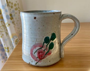Handcrafted Pottery Mug Wheel Thrown Studio Pottery with Speckled Glaze & Radish Signed 1994