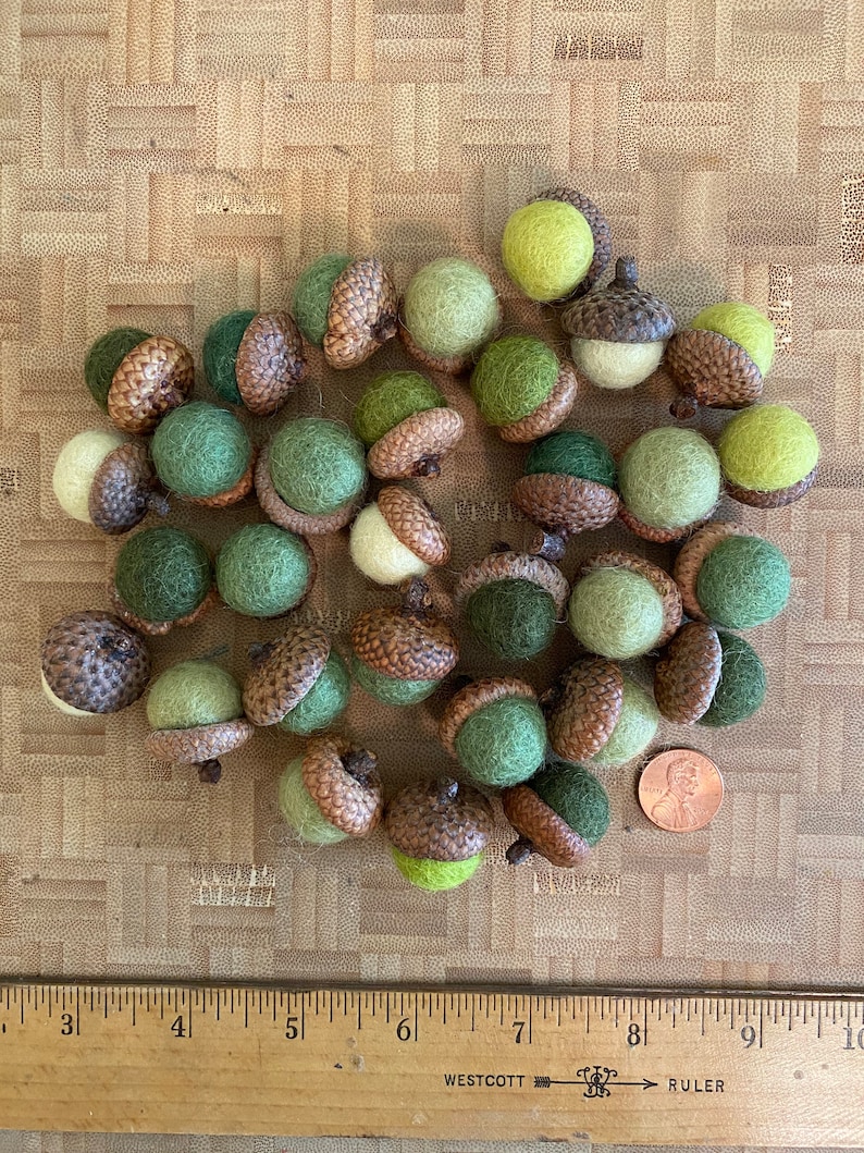 Felted Acorns Beeswax 1.5cm Greens Felt Acorn ALL NATURAL Holiday Decor Bowl Filler No Toxic Glue Lot Of 12 image 3