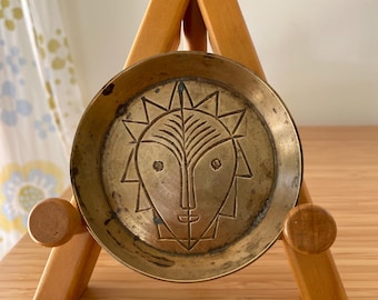 Modernist Brass Trinket Dish Vintage with Embossed Modernist Tribal Mask Face