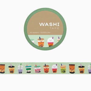 May include: Washi tape roll with a green edge and a brown centre. The text "WASHI TAPE" and "10 metres • bubble tea" are printed on the roll. The tape features a repeating pattern of cartoon bubble tea cups in various colours.
