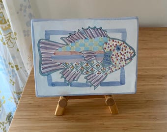 MacKenzie Childs Fish Tile / Trivet Vintage American Studio Pottery Signed 1980s