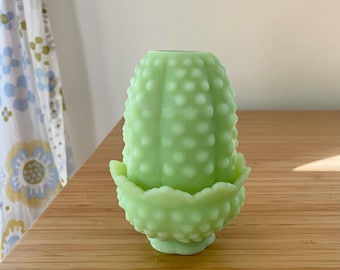 Vintage Fairy Lamp Fenton Glass Hobnail Lime Custard Green Satin Finish UV Glow