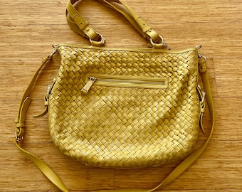 Cole Haan Woven Leather Purse Large Hobo Bag Yellow Vintage Preowned Very Good