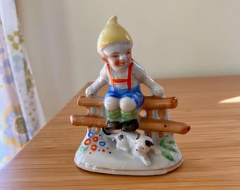 Vintage Boy or Elf on Fence with Cat or Dog Porcelain Figurine Japan