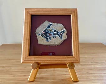 Bulurru Art Authentic Aboriginal Australian Painting on Stone Fish Vintage Framed Wall Art