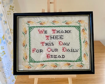 Vintage Cross Stitch Needlepoint Framed We Thank Thee for Our Daily Bread Cottagecore or Country Farmhouse Decor