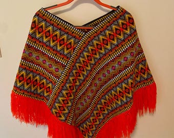 Vintage Guatemalan Handwoven Poncho 1970s Orange Yellow Poncho Fringed Guatemala Bright Colorful Shawl Cape Wrap
