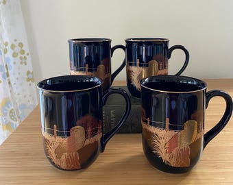 Set of 4 Otagiri Gold Owl Mugs Vintage Black Japanese Made in Japan