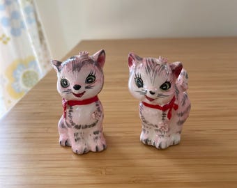 Vintage Brinn’s Japan Pink Kitten Kitty Cats Porcelain Figurines Set of 2 Midcentury Kitsch Anthropomorphic Excellent Condition