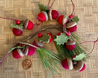 1 Felt Acorn & Holly Ornament Double Acorns with Wool Felt Holly Leaves One Ornament Sold per ornament Red, Red and White or Gold
