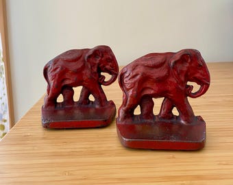 Cast Iron Bookends Red Elephants Pair