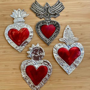 Mexican Tin Sacred Heart Ornaments Oaxaca Choose Your Style Hand Painted Oaxacan Mexico Folk Art Embossed Punched Tin Flaming Heart Ornament