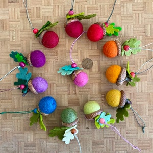6 Felt Acorn Ornaments with Double Wool Felt Leaves Six 2cm Set of 6
