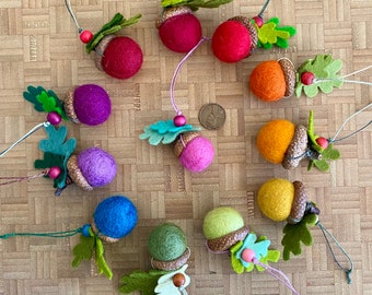 6 Felt Acorn Ornaments with Double Wool Felt Leaves Six 2cm Set of 6