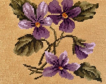 Vintage Needlepoint Embroidery Completed Handworked Purple Flowers Floral Cottagecore Decor Unframed