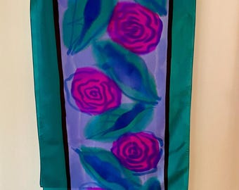 Silk Scarf Handpainted Artisan Made Roses Floral Pattern Oblong Gallery Quality