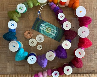 Felt Ball Heart and Button Garland Garland Wool Felt Balls and Vintage Mother of Pearl Buttons Rainbow Colors