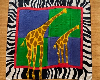 Hand Painted Silk Scarf Giraffe and Animal Print Pattern Artisan Made