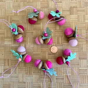 1 Felt Acorn Ornament Pinks Double Acorns with Wool Felt Oak Leaves One Ornament Sold per ornament