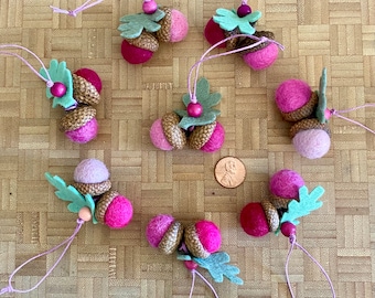 Felt Acorn Ornament Pinks Double Acorns with Wool Felt Oak Leaves One Ornament Sold per ornament