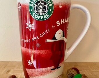 Starbucks Mug Red with Logo Collectible Holiday 2010 Tall 16 oz. Travel Mug Stories Are Gifts Share