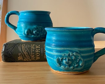 Handcrafted Cherub Pottery Mugs – Teal Glaze, Signed Pamela Black (Set of 2)