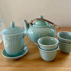 Vintage Longquan Celadon Koi Fish Tea Set: Teapot, Lidded Mug with Saucer and Small Cups
