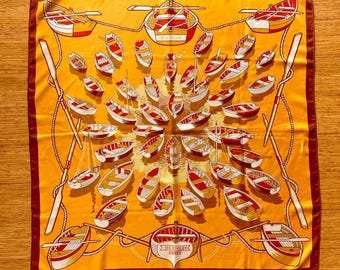 HERMES Silk Scarf Vintage 1971 Flottille by Pierre Péron Rolled Hems Marigold