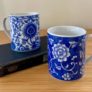 Mug Asian Blue and White Porcelain Mugs Vintage Chrysanthemum Lotus 2 Available