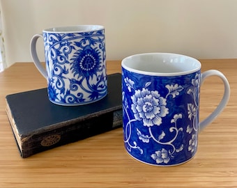 Mug Asian Blue and White Porcelain Mugs Vintage Chrysanthemum Lotus 2 Available