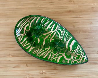 Vintage Enamel Leaf Trinket Dish Handcrafted and Signed PYL by the Artist Midcentury