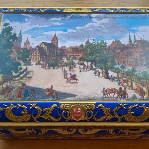 E. Otto Schmidt Tin Lebukucken Cookie Tin 1990 Rectangular Large German Embossed Metal Tin Nüremberg Germany Blue Gold Vintage Advertising