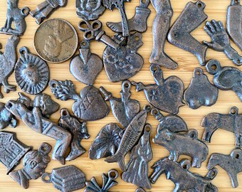 Mexican Milagros Antiqued Copper Colored Mixed Lot of 45 Metal Prayer Charms Sacred Heart Animals People Body Parts Tiny Folk Art Ornaments