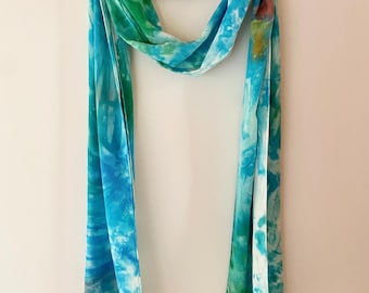 Brushed Silk Scarf Artisan Made Hand Painted / Tie Dyed Oblong Aqua Green and Multicolor Rolled Hems