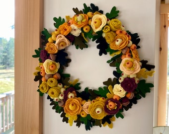 Handcrafted Wreath 9.5” Felt Flower Acorn and Oak Leaves: Artisan Wall Decor or Centerpiece Fall Decor Thanksgiving