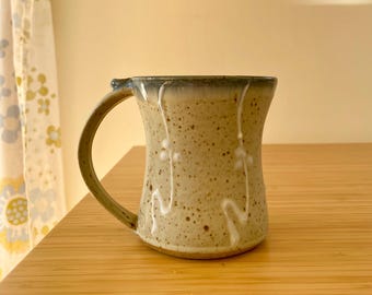 Handcrafted Pottery Mug Wheel Thrown Studio Pottery with Speckled Glaze Flowers Chop Signed