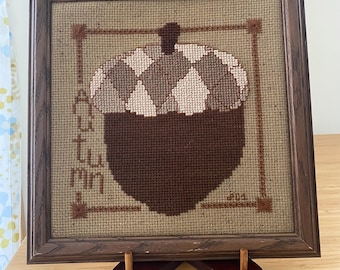 Vintage Acorn Needlepoint Framed 2006 Cottagecore Decor