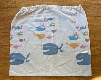 Vintage Cloth Laundry Bag / Laundry Sack with Whale & Fish Pattern