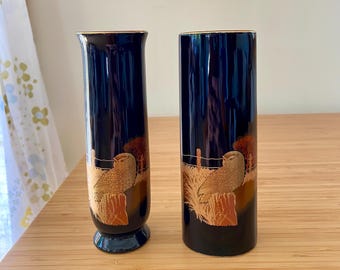 Otagiri Gold Owl Vases Vintage Black Japanese Made in Japan