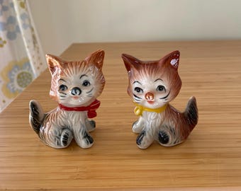 Vintage Bone China Kitten Figurines Set/2 Taiwan Ceramic Cat Red & Yellow Bow Midcentury Kitsch