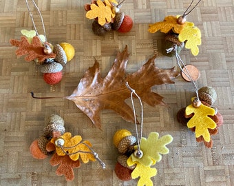 Felt Acorn Ornament Triple Acorns Earthtones with Wool Felt Leaves Sold Individually