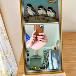 May include: A rectangular mirror in a gold-toned frame featuring a decorative glass panel at the top with an illustration of three small birds perched on a branch with red berries and the word SAMPLE printed in a small oval box on the glass.