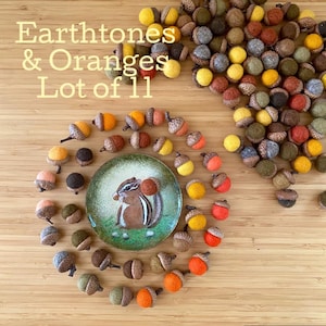May include: A collection of felted acorns in various earth tones and orange shades, arranged in a spiral pattern around a small round plate featuring a painted chipmunk. The text "Earthtones & Oranges Lot of 11" is printed in the upper left corner.