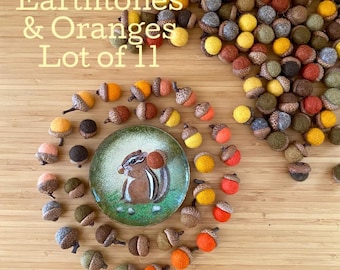 Pode incluir: Uma coleção de bolotas de feltro em vários tons de terra e laranja, dispostas num padrão espiral em torno de um pequeno prato redondo com um esquilo pintado. O texto "Earthtones & Oranges Lot of 11" está impresso no canto superior esquerdo.