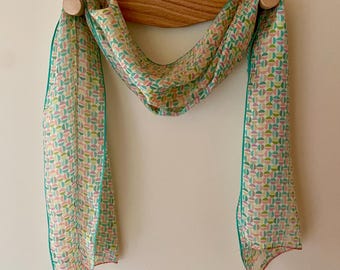 Echo Silk Scarf Vintage Dotted Circle Geometric Pattern Oblong Rolled Hems Retired Design