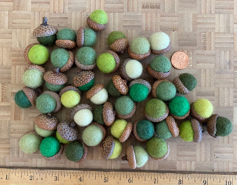 Felted Acorns Beeswax 1.5cm Greens Felt Acorn ALL NATURAL Holiday Decor Bowl Filler No Toxic Glue Lot Of 12 image 2