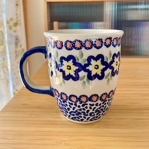 Polish Pottery Mug Bolestawcu Manufaktura Boleslawiec Hand Made and Painted Blue Flowers Hand Made in Poland
